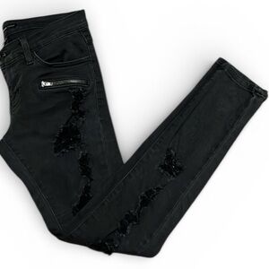 Flying Monkey 24 - black distressed skinny denim with cute front zipper details